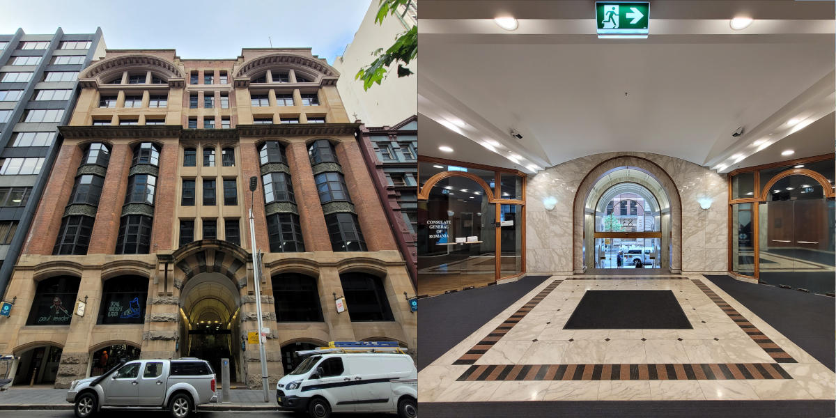 Photos of the exterior and lobby of 83 York Street, Sydney.