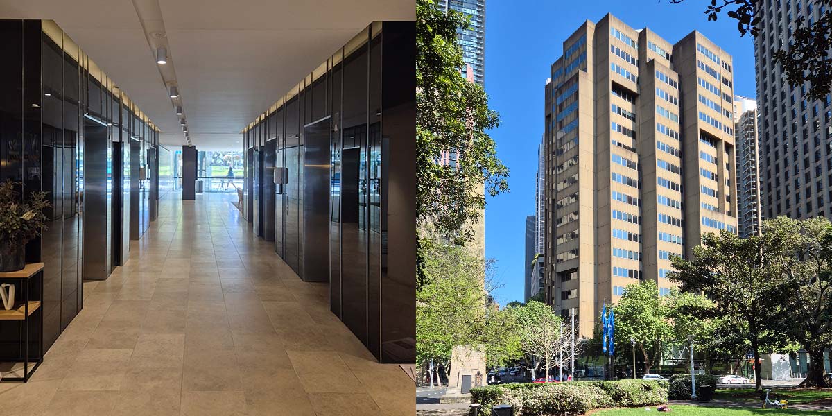 Photos of the exterior and lobby of 227 Elizabeth Street, Sydney.